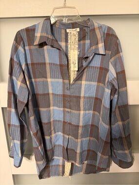 Simply Noelle Light Blue and Brown Plaid Button-Down Shirt